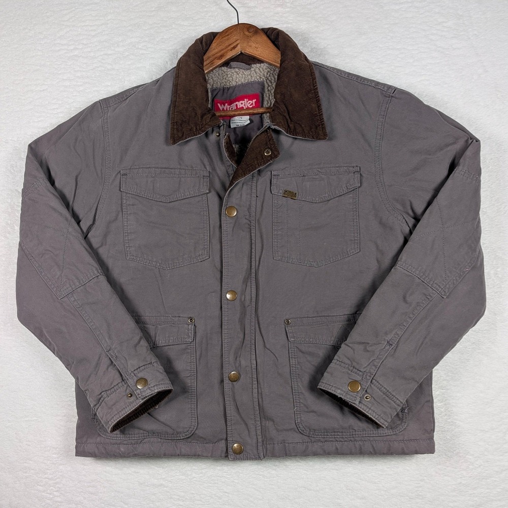 Wrangler Jacket Mens Large Gray Canvas Sherpa Lined‎ Work Parka Corduroy Collar